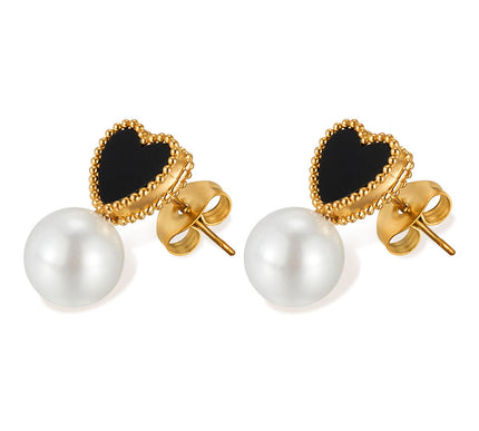 Heart Imitation Pearl Stud Earrings Gold Colored Stainless Steel