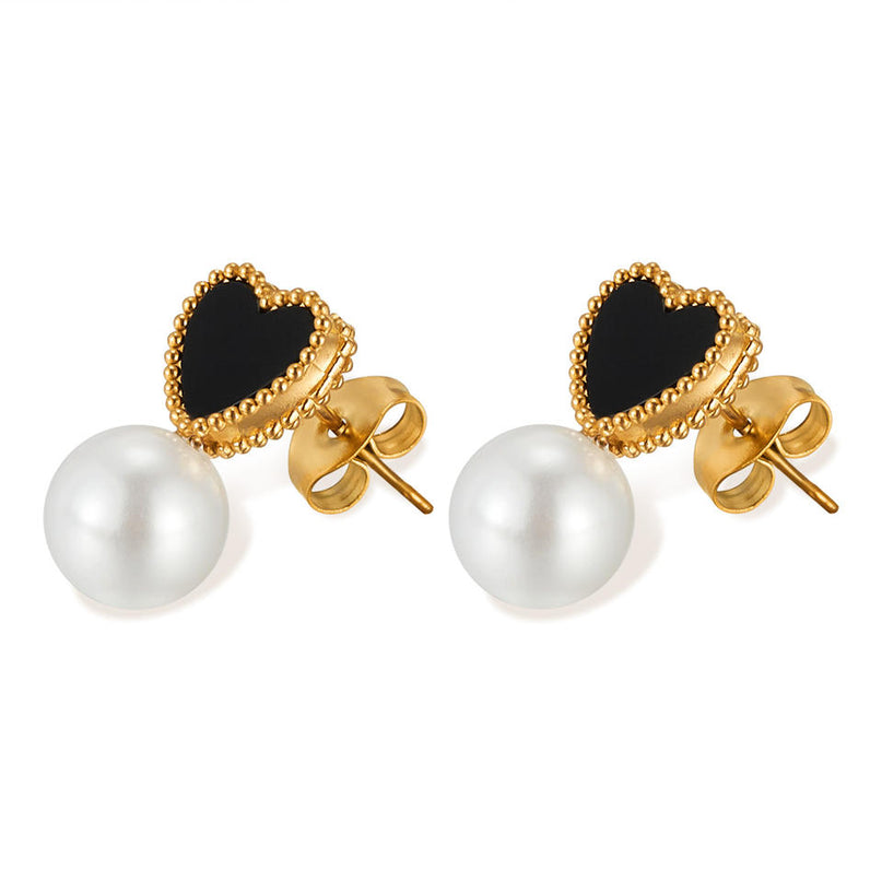 Heart Imitation Pearl Stud Earrings Gold Colored Stainless Steel