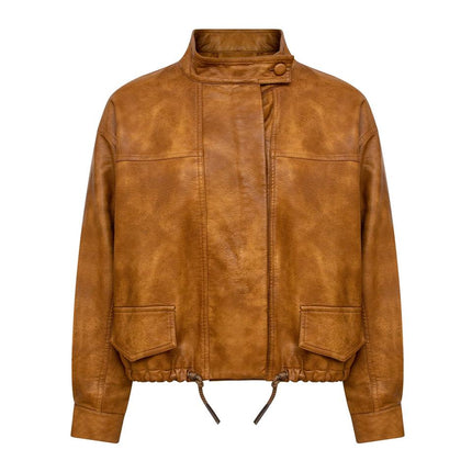 Bomber Jacket – Vintage PU Leather – Stand Collar – Classic Style