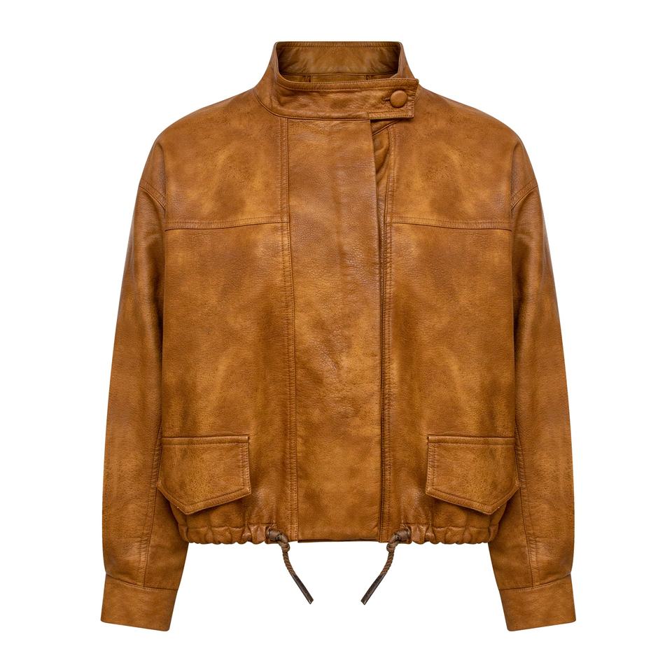 Bomber Jacket – Vintage PU Leather – Stand Collar – Classic Style