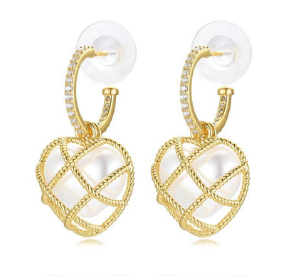 925 Sterling Silver Hollow Heart Pearl Drop Earrings