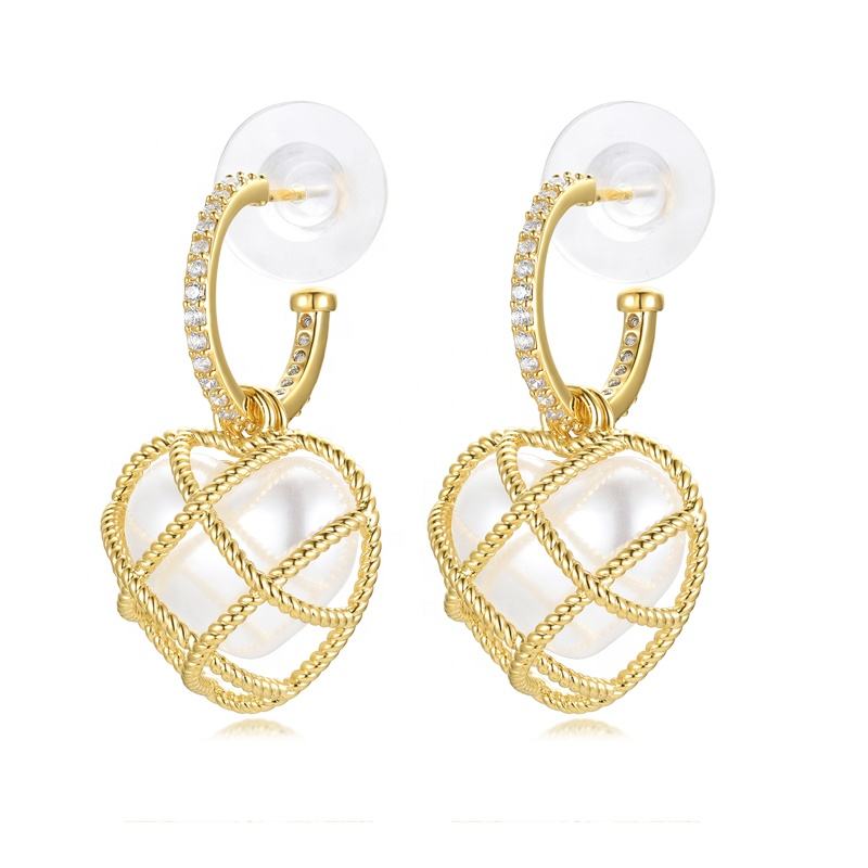 925 Sterling Silver Hollow Heart Pearl Drop Earrings