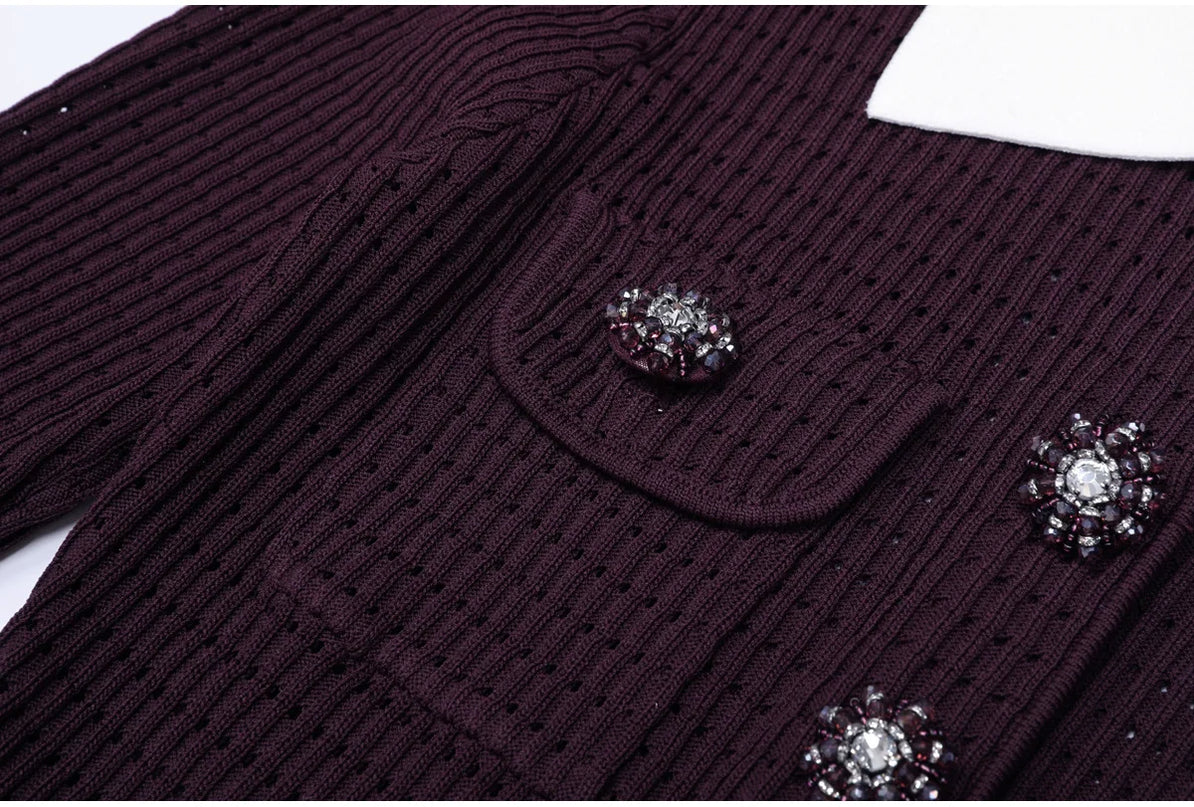 Vivian Van Hoef Contrast-Collar Pointelle Cardigan