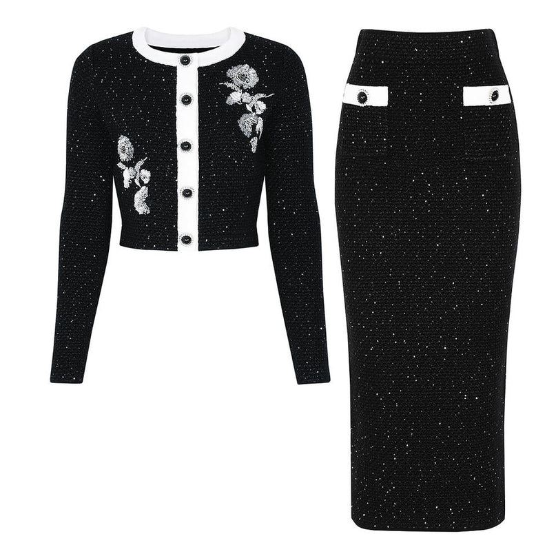 Sophia Van Hoef Embellished Cardigan And Midi Skirt Set
