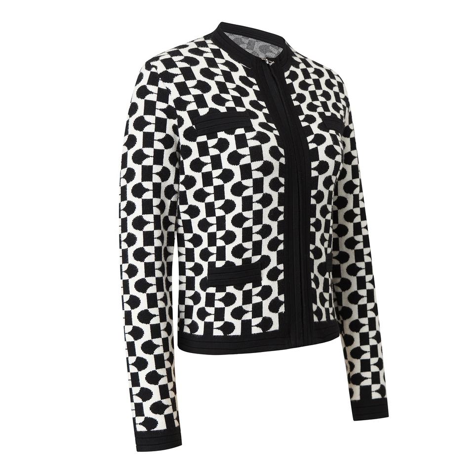 Cardigan Sweater – Geometric Pattern – Zipper Closure – Varsity Style