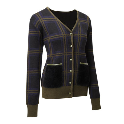 Knit Cardigan – Purple Plaid Design – Mohair Blend – Vintage Chic Style