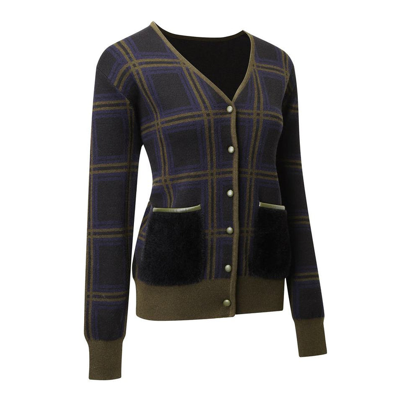 Knit Cardigan – Purple Plaid Design – Mohair Blend – Vintage Chic Style