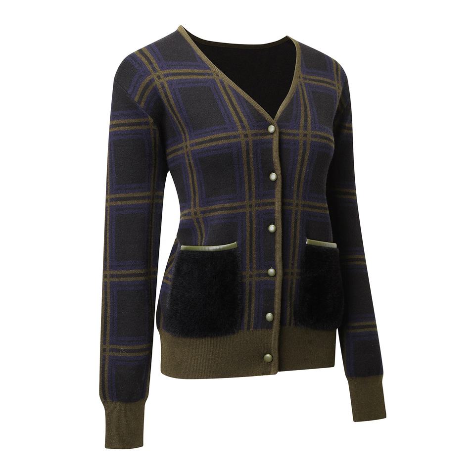 Knit Cardigan – Purple Plaid Design – Mohair Blend – Vintage Chic Style