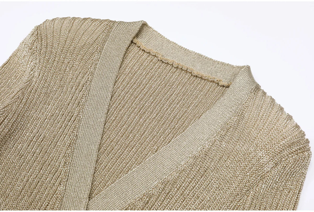 Nora Van Hoef Shimmer Knit Cardigan And Flared Mini Skirt Set