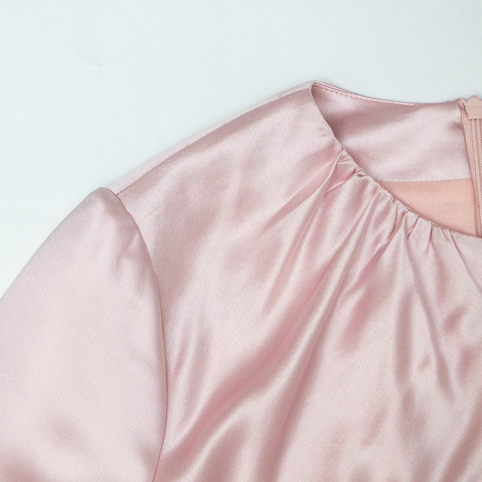 Evening Dress – Pink Satin Maxi – Notched Neckline – Elegant Modest Style