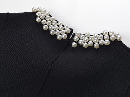 Sleek A-line Dress with Necklace Detail & Pearl Embellishment in black