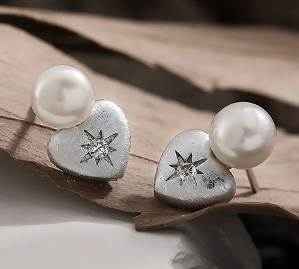 Edison Freshwater Pearl Heart Stud Earrings 925 Silver Rhodium Plated