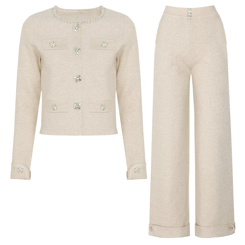 Gabriella Van Hoef Crystal-Button Knit Jacket And Wide-Leg Pants Set