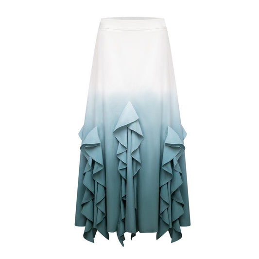 Maxi Skirt – Ombre Pleated – High Waist – Bohemian Ruffle Hem Style