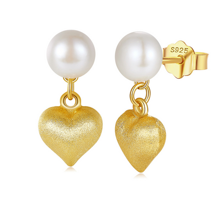18K Gold Plated 925 Sterling Silver Freshwater Pearl Heart Drop Earrings