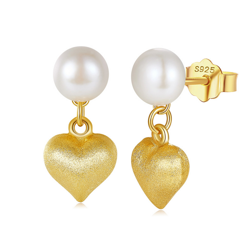 18K Gold Plated 925 Sterling Silver Freshwater Pearl Heart Drop Earrings