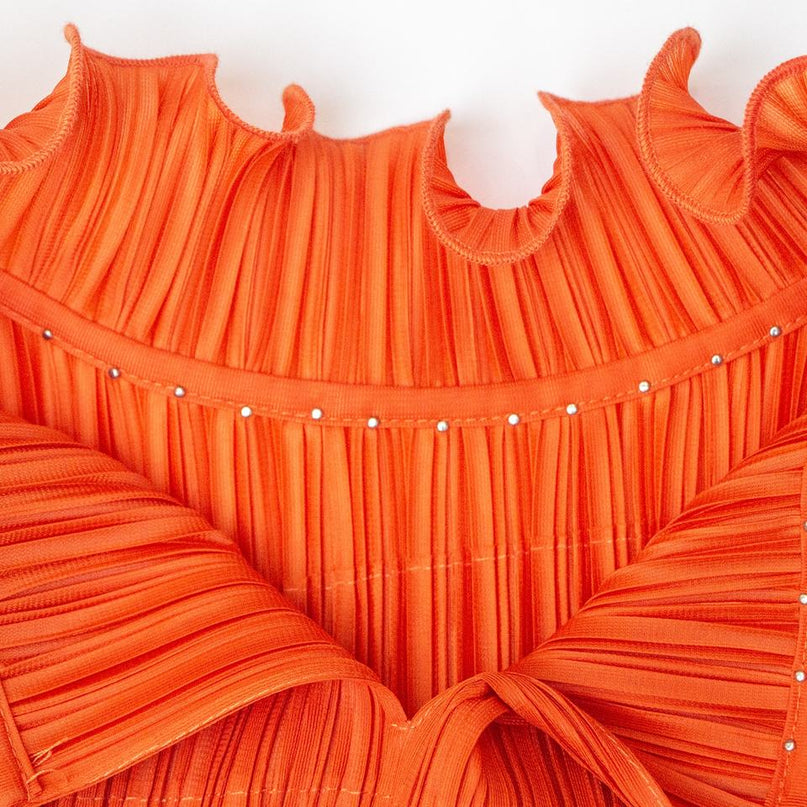 Midi Dress – Orange High Neck – Ruffle Detail – Elegant Vintage Style