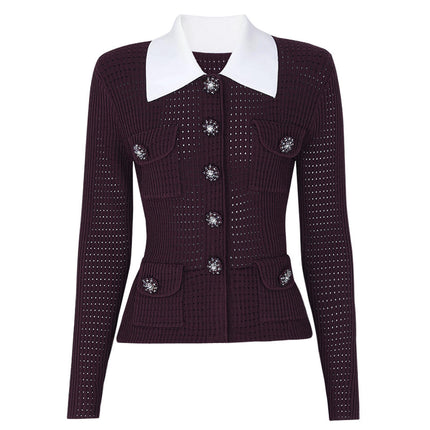 Vivian Van Hoef Contrast-Collar Pointelle Cardigan