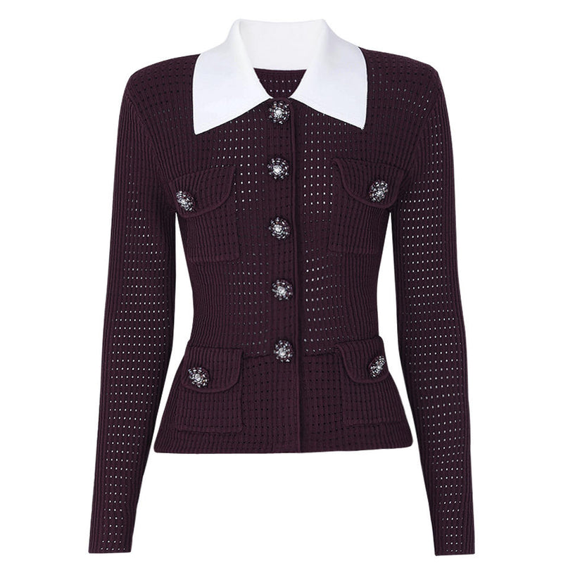 Vivian Van Hoef Contrast-Collar Pointelle Cardigan