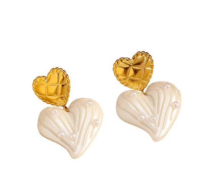Vintage Heart Pearl Stud Earrings Gold Tone Stainless Steel