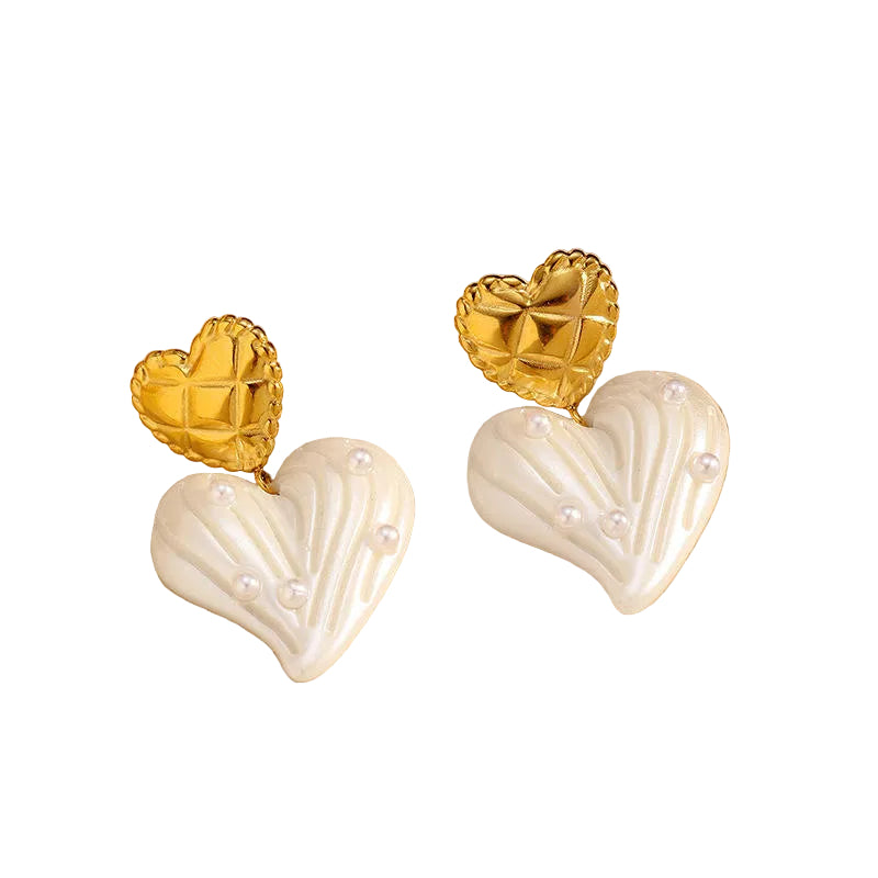 Vintage Heart Pearl Stud Earrings Gold Tone Stainless Steel