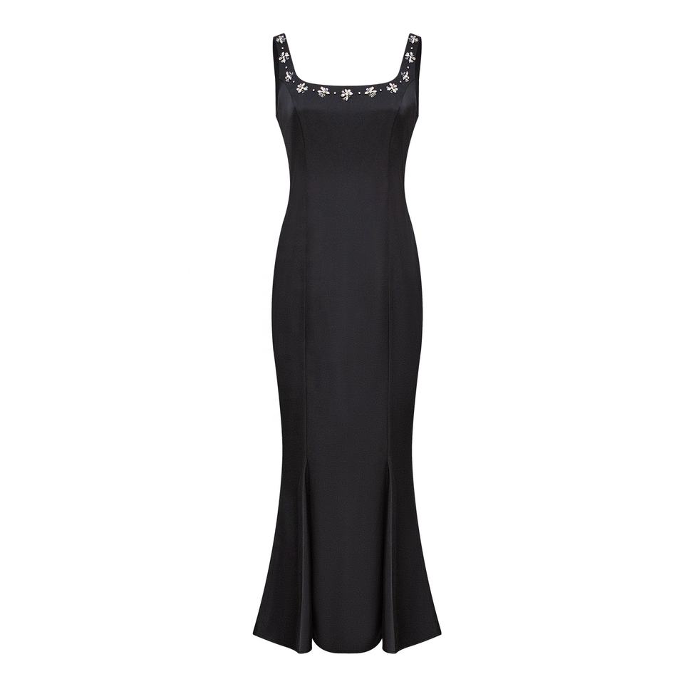 Evening Dress – Black Mermaid – Square Neckline – Elegant Midi Style