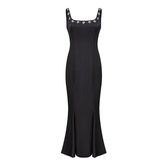 Evening Dress – Black Mermaid – Square Neckline – Elegant Midi Style