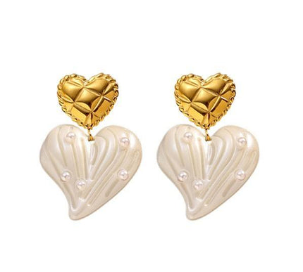 Vintage Heart Pearl Stud Earrings Gold Tone Stainless Steel