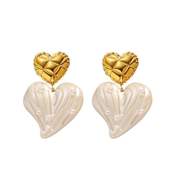 Vintage Heart Pearl Stud Earrings Gold Tone Stainless Steel