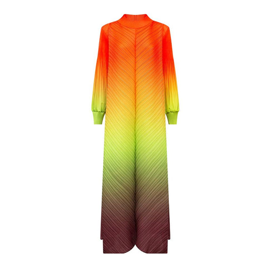 Maxi Dress – Color Block Design – High Neck – Pleated Chic Style