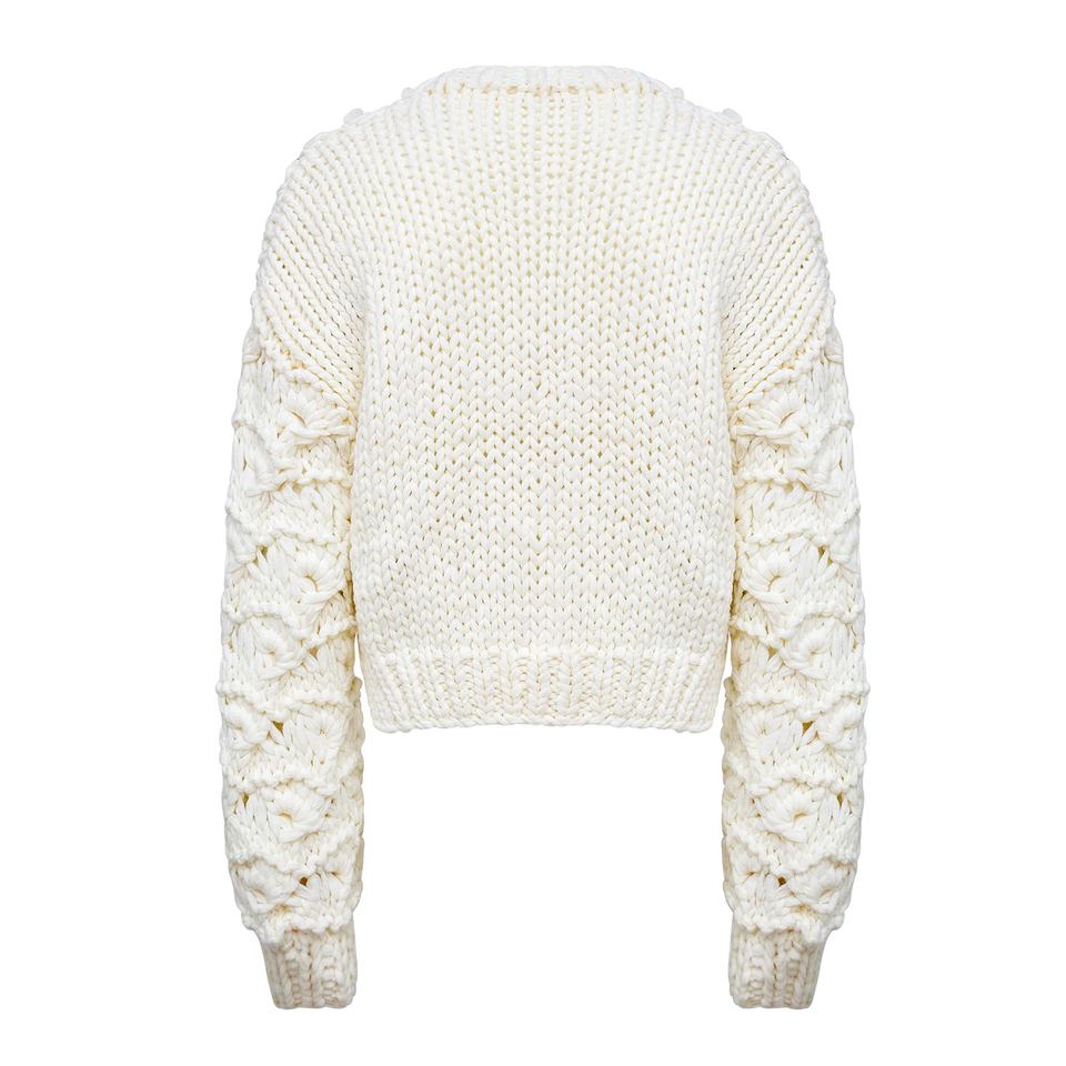 Cardigan Sweater – V-Neck Design – Bubble Sleeves – Chunky Cable Knit