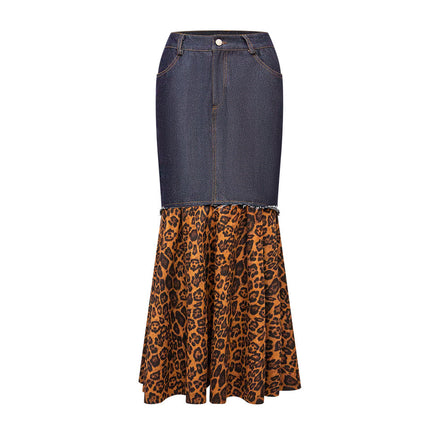 Maxi Skirt – Denim Leopard Print – Contrast Hem – Chic Streetwear Style