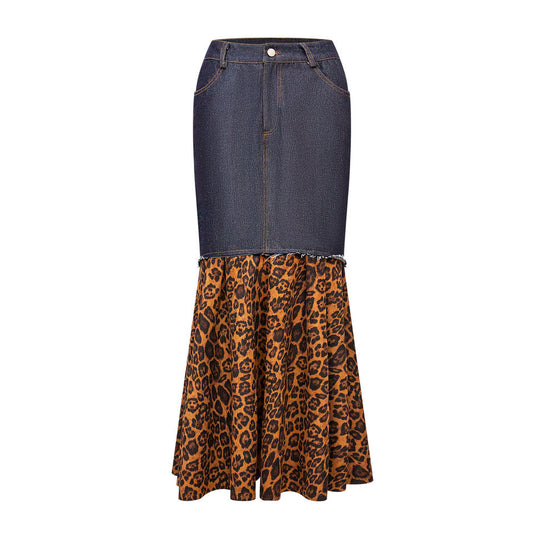 Maxi Skirt – Denim Leopard Print – Contrast Hem – Chic Streetwear Style
