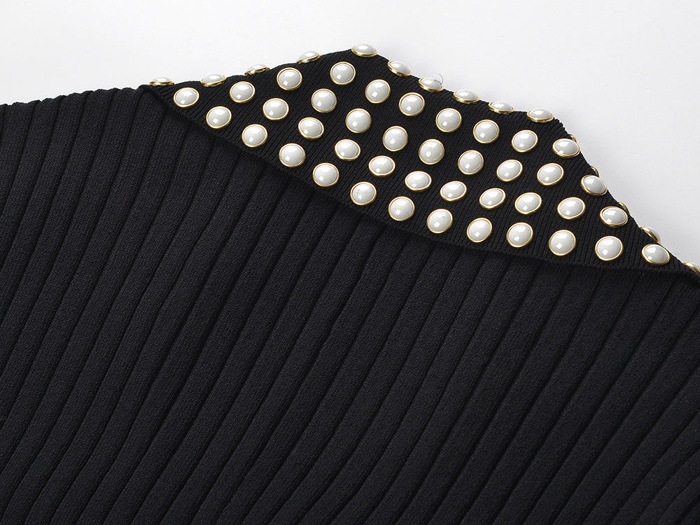 Button-Down Maxi Dress with Studded Collar in Black