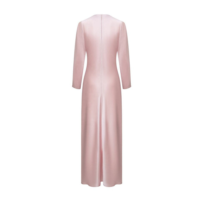 Evening Dress – Pink Satin Maxi – Notched Neckline – Elegant Modest Style