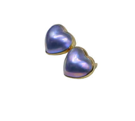 18K Gold Blue Mabe Pearl Heart Stud Earrings