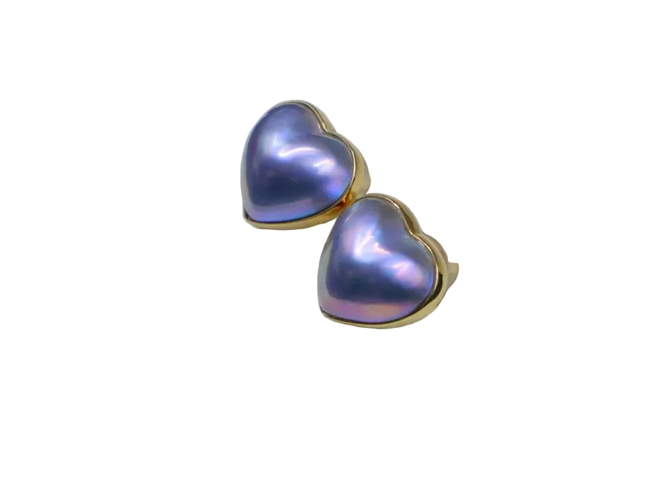 18K Gold Blue Mabe Pearl Heart Stud Earrings
