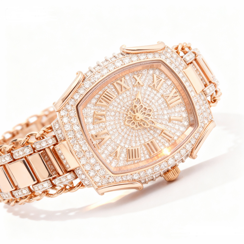 Elena Van Hoef Rose Gold Tonneau Iced-Out Moissanite Watch