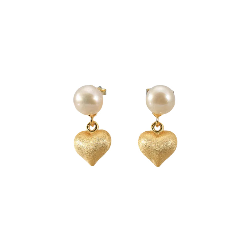 18K Gold Plated 925 Sterling Silver Freshwater Pearl Heart Drop Earrings