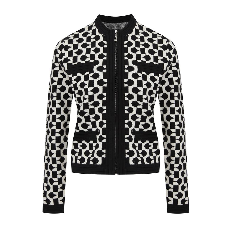 Cardigan Sweater – Geometric Pattern – Zipper Closure – Varsity Style