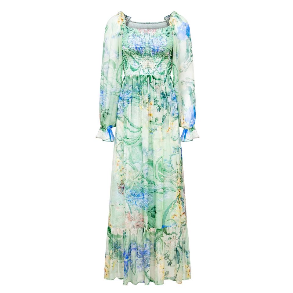Night Dress – Silk Floral Print – Square Neckline – Elegant Pleated Style