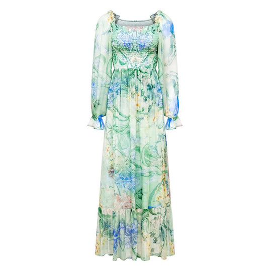 Night Dress – Silk Floral Print – Square Neckline – Elegant Pleated Style