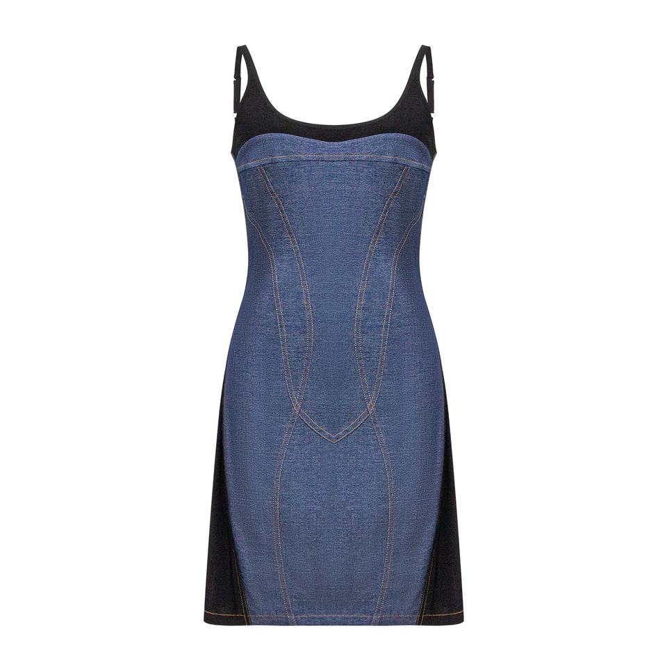 Bodycon Dress – Slim Fit Silhouette – Patchwork Denim Design – Strapless Style