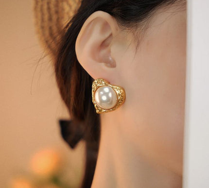 24K Gold Color Heart Freshwater Pearl Stud Earrings