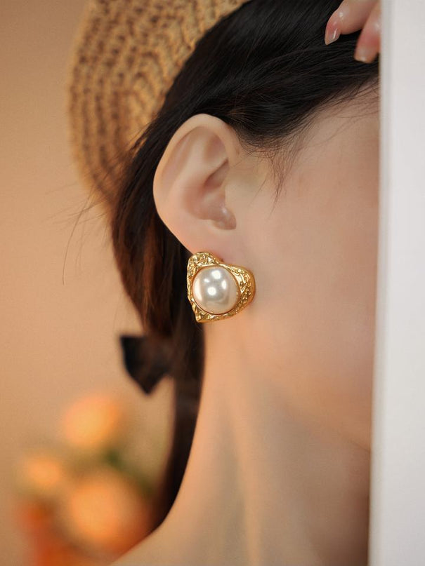 24K Gold Color Heart Freshwater Pearl Stud Earrings