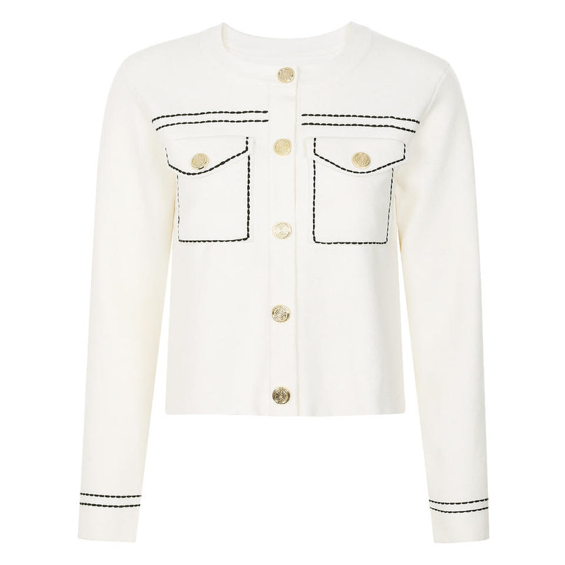 Amara Van Hoef Contrast-Stitch Button Cardigan