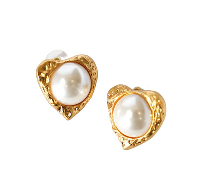 24K Gold Color Heart Freshwater Pearl Stud Earrings
