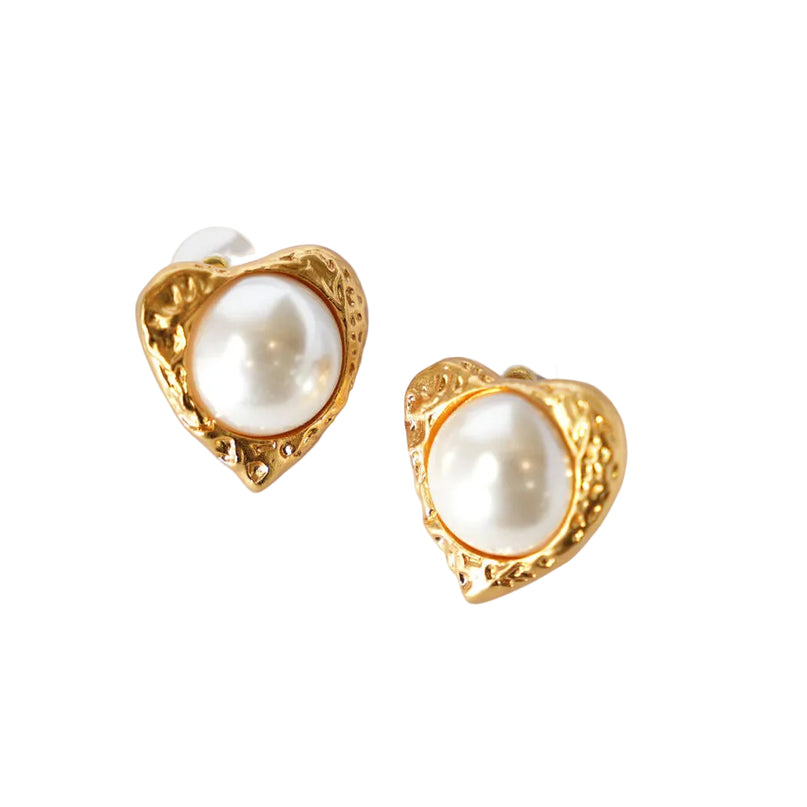 24K Gold Color Heart Freshwater Pearl Stud Earrings