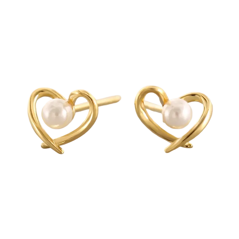 925 Sterling Silver 18K Gold Plated Freshwater Pearl Heart Stud Earrings