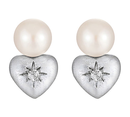 Edison Freshwater Pearl Heart Stud Earrings 925 Silver Rhodium Plated